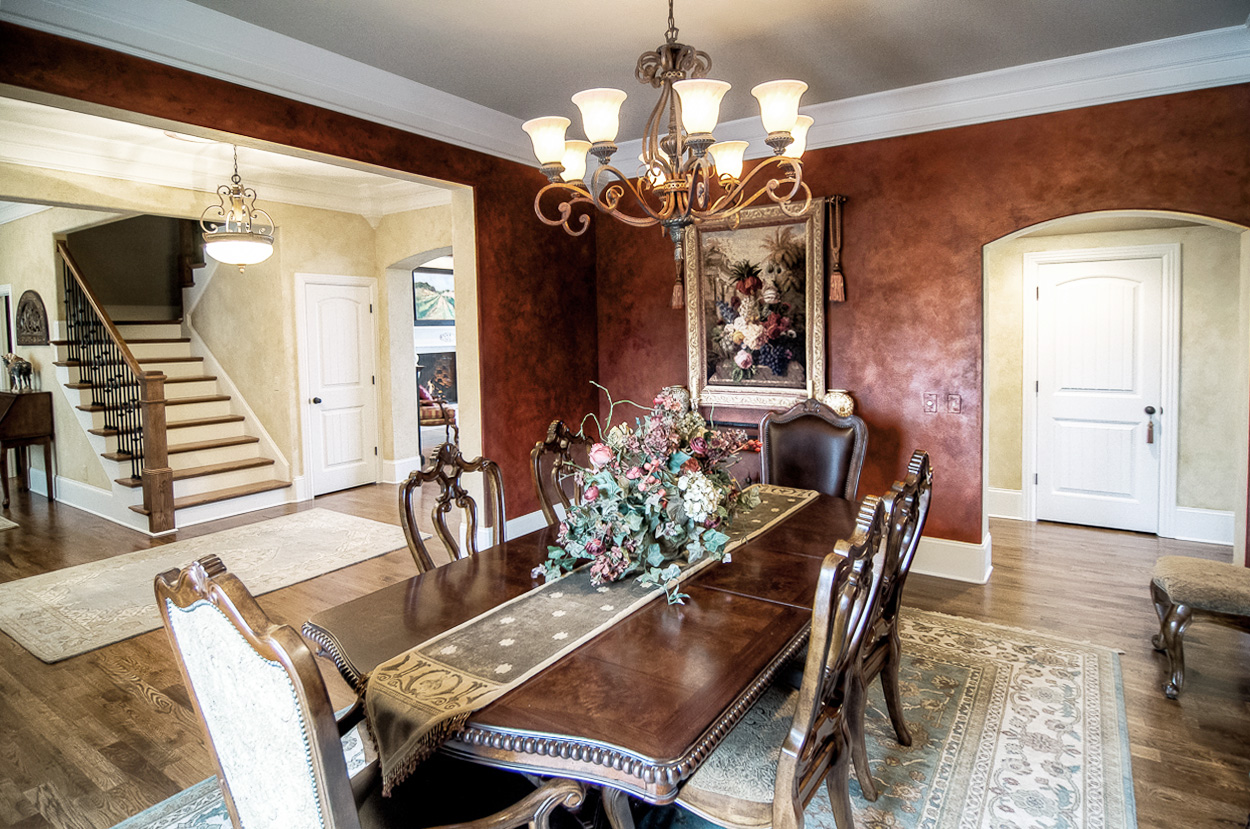 French plaster entry and shimmering custom colored Lusterstone dining room walls