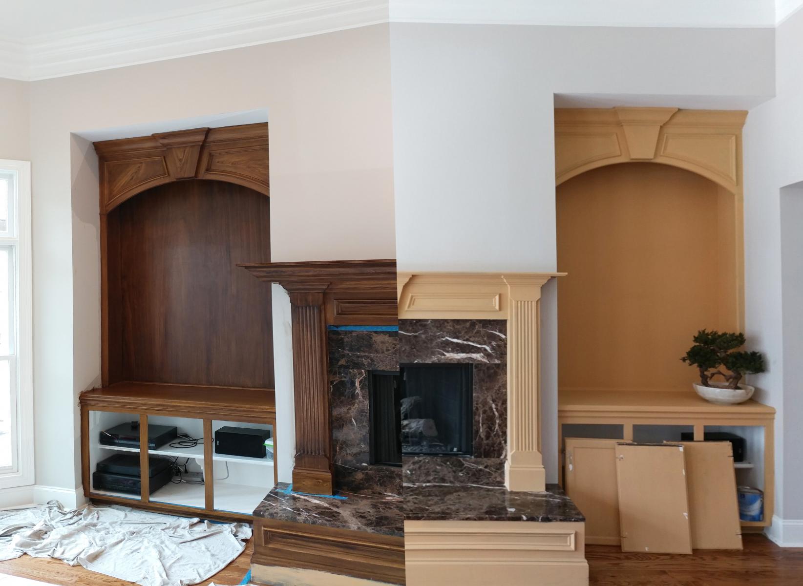 before and after cabinet and mantel wood grained makeover