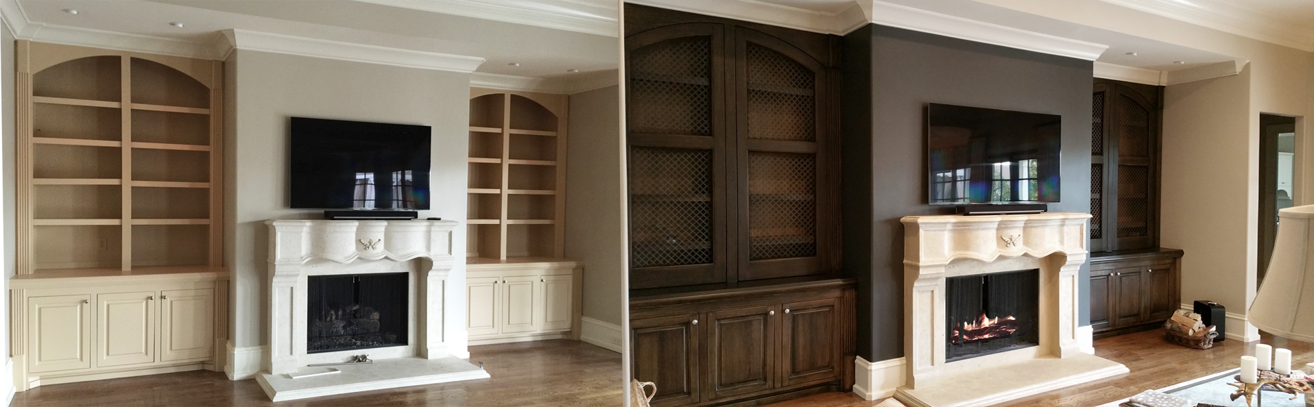 Before and After - Built-in rich looking wood glazed cabinets