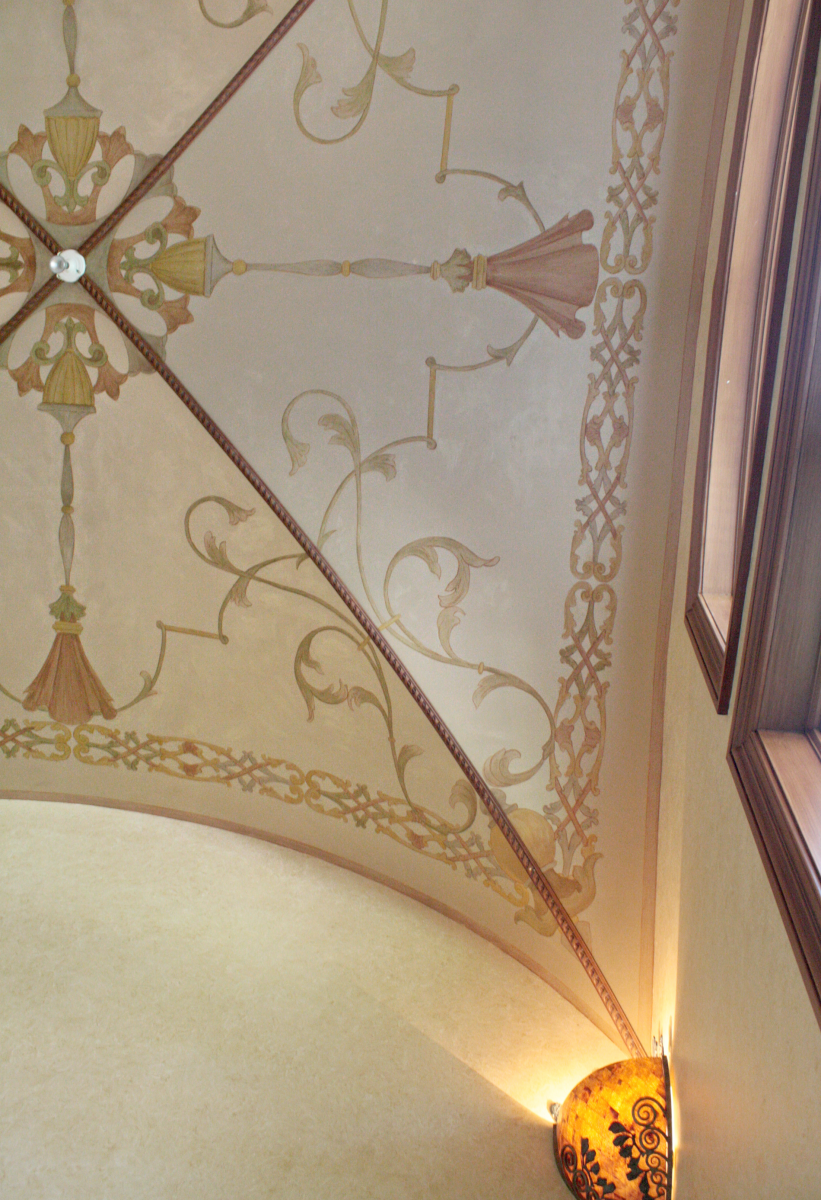 Hand enhanced stencil ceiling designs.