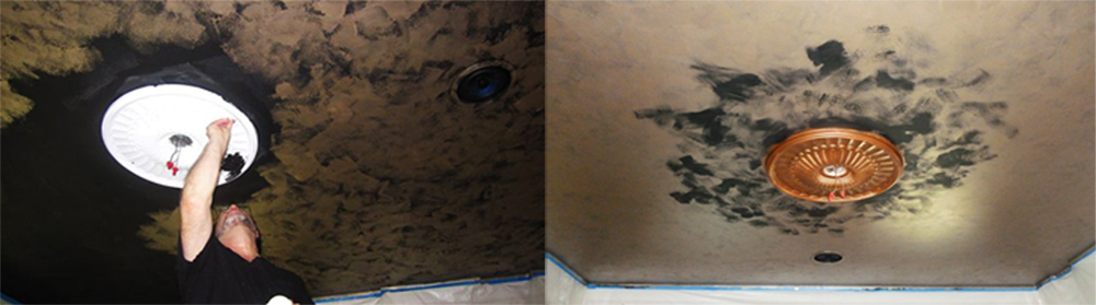 Before and After - Faux bronze patina medallion and silver and bronze metallic dining room ceiling.