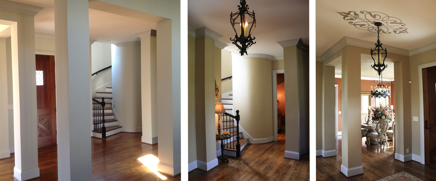 Before and After adding warmth and design to this Brentwood customer's front entryway.