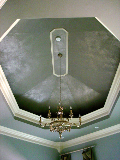 Luminescent silver and pearl ceiling glaze.