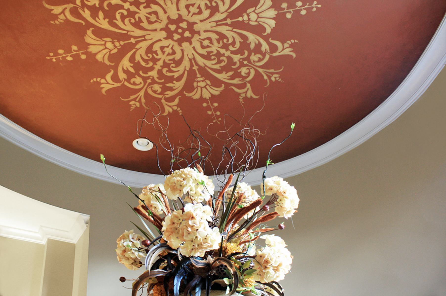 After of this custom ceiling stencil in gold Lusterstone with glazed edging to create a dome effect.
