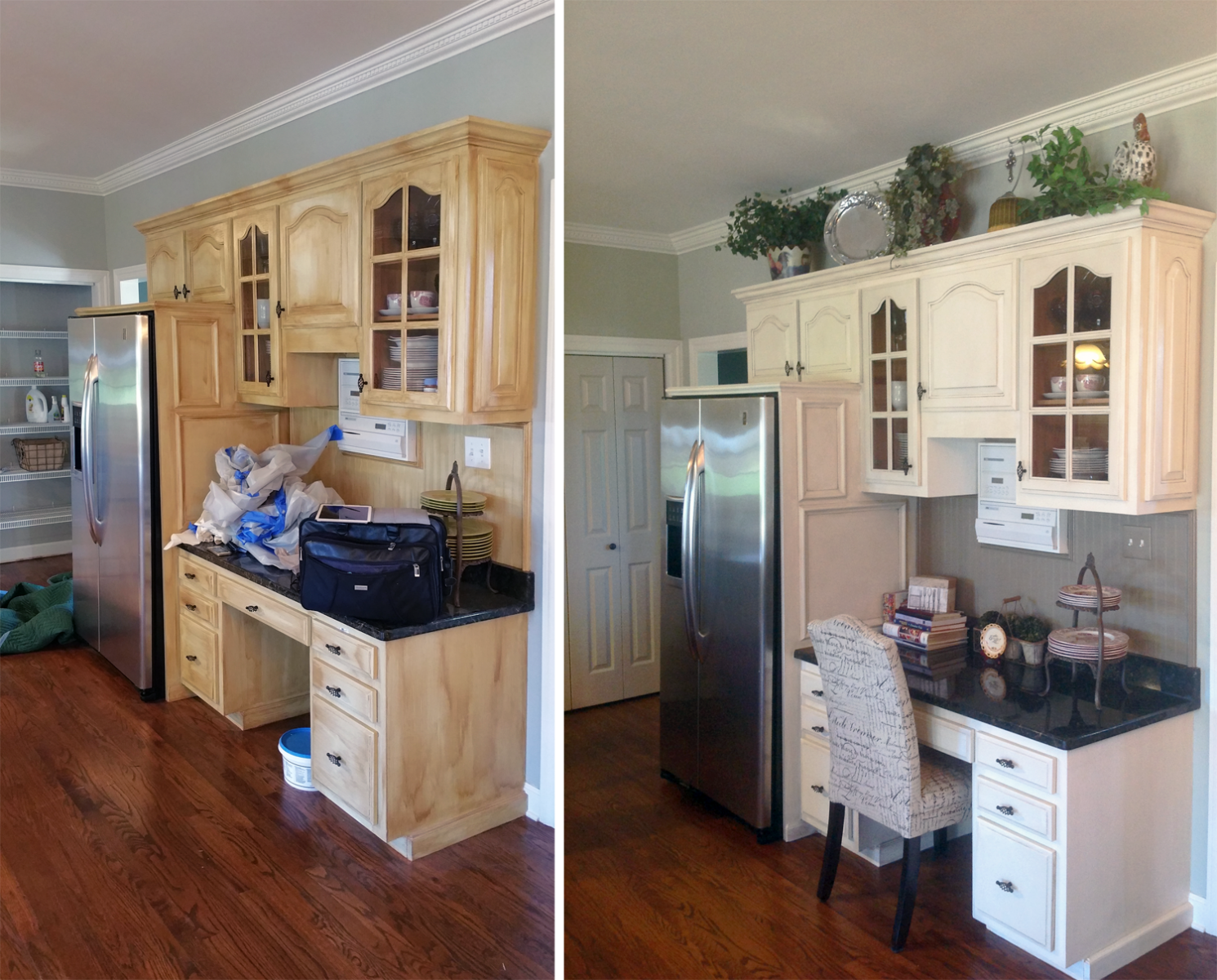 Before and After of this Mount Juliet customer’s kitchen cabinet transformation adding a warm modern Tuscan glaze look on desk area