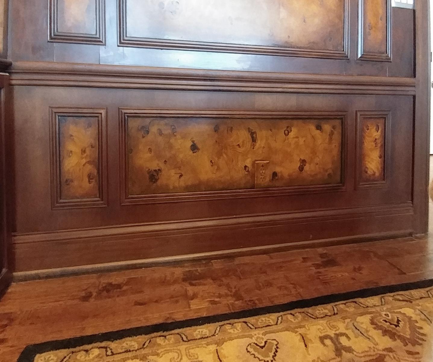 faux burl and wood grained panels and mahogany wood grained walls close up