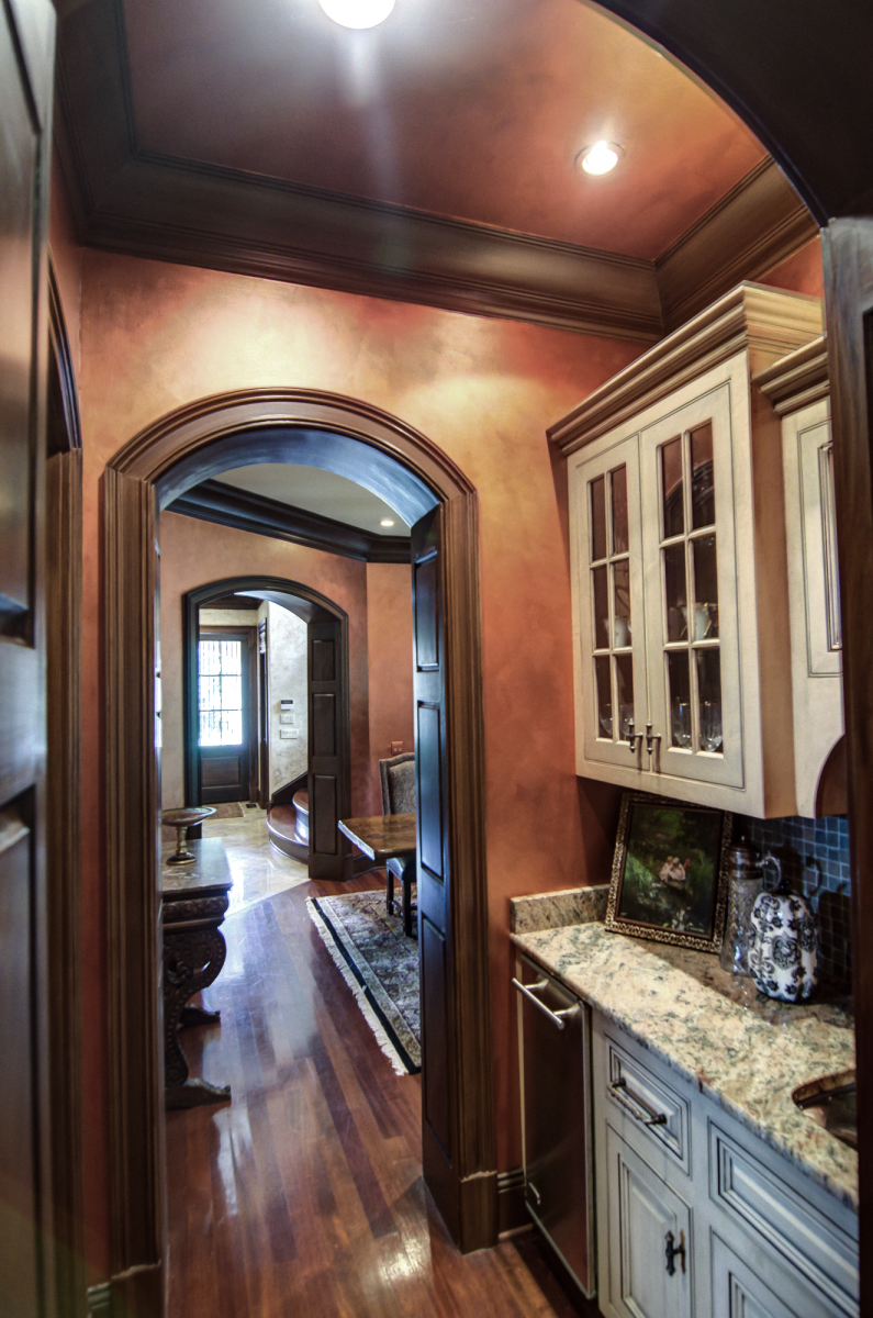 Butler’s pantry cabinet color re-glaze and copper metallic glazed walls and ceiling.