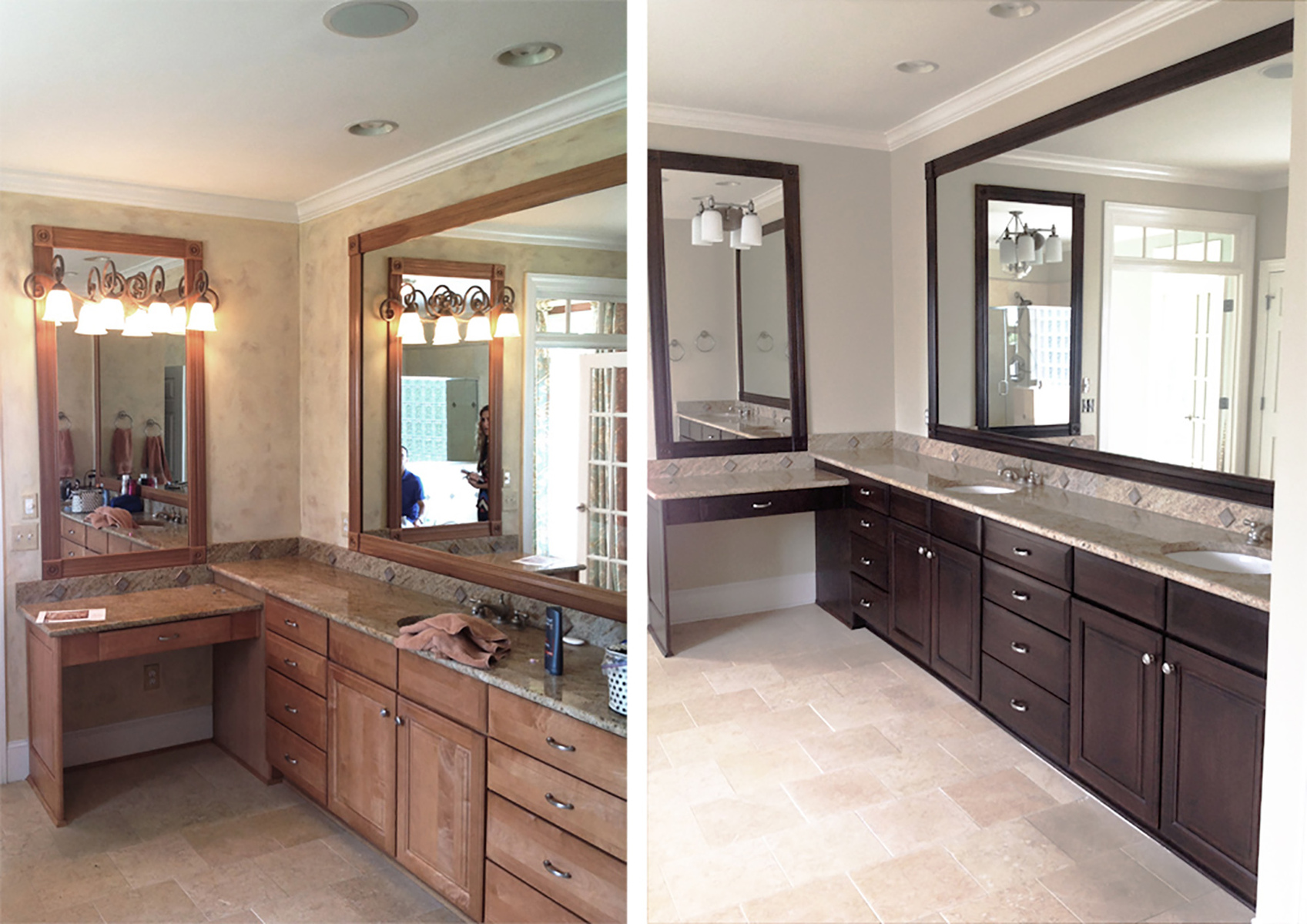 Before and After - master bathroom cabinet makeover in faux mahogany wood glaze.