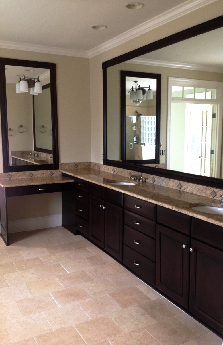 Enjoy this Brentwood, TN client's master bathroom cabinet makeover in faux wood Mahogany glaze finish. Beautiful!