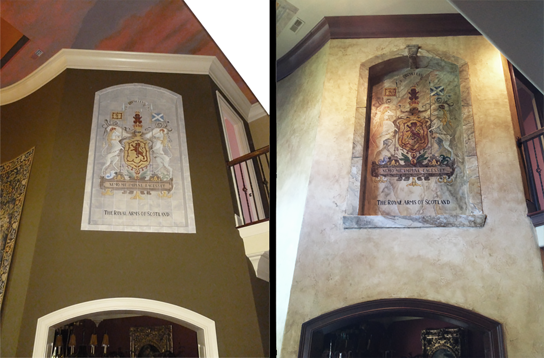 Before and After Family Crest Makeover: Now 3D, marbleized and prominent against plaster walls and mahogany wood glazed woodwork.