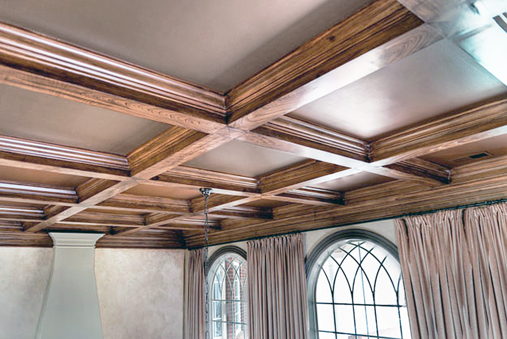 Faux wood grained coffer great room ceiling.