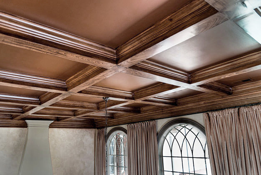 Faux wood grained plaster beams