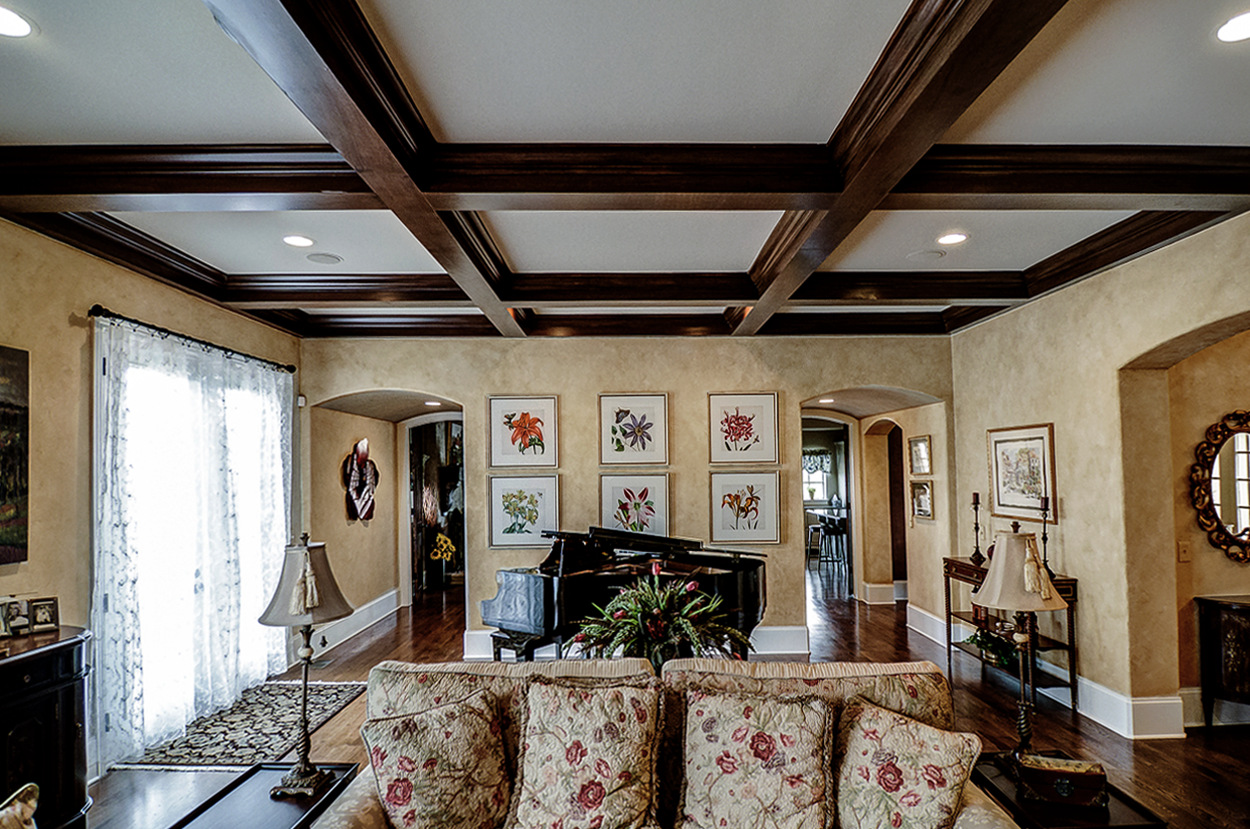 Custom colored French plaster walls and wood grained coffers makeover for this Franklin, TN customer’s family room.