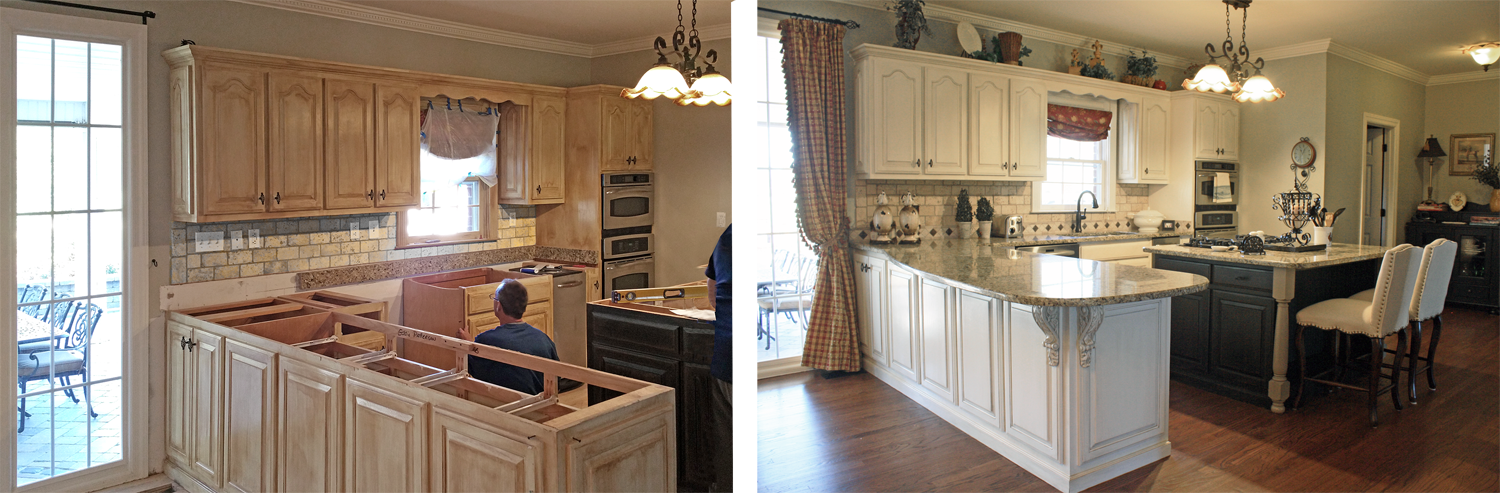 View this Before and After Mount Juliet customer’s kitchen cabinet transformation adding a warm modern Tuscan glaze look and switch plate artistry.