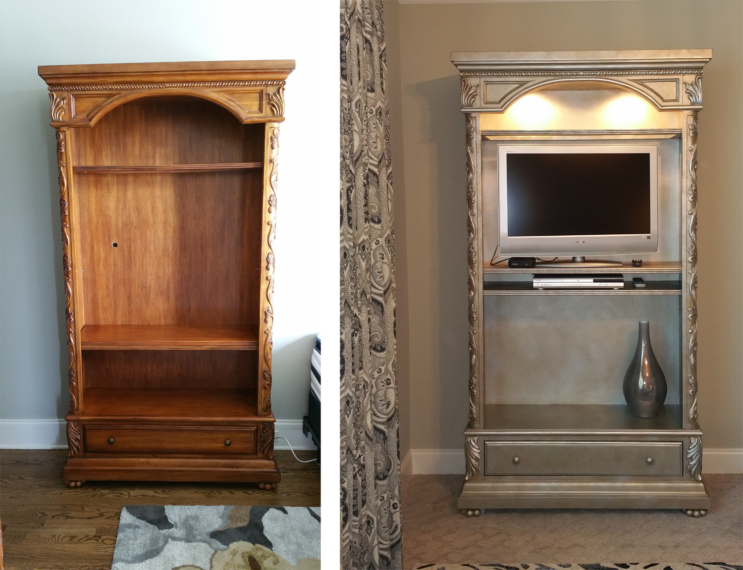 Before and After faux antique silver leaf bookcase
