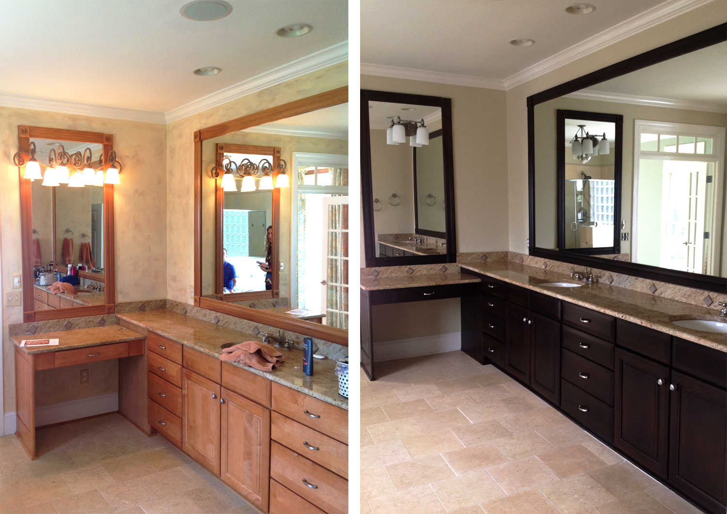 Before and After - Enjoy this Brentwood, TN client's master bathroom cabinet makeover in faux wood Mahogany glaze. Beautiful!