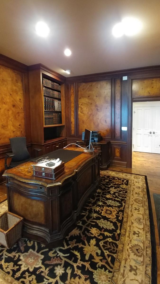faux burl and wood grained panels and mahogany wood grained walls office view